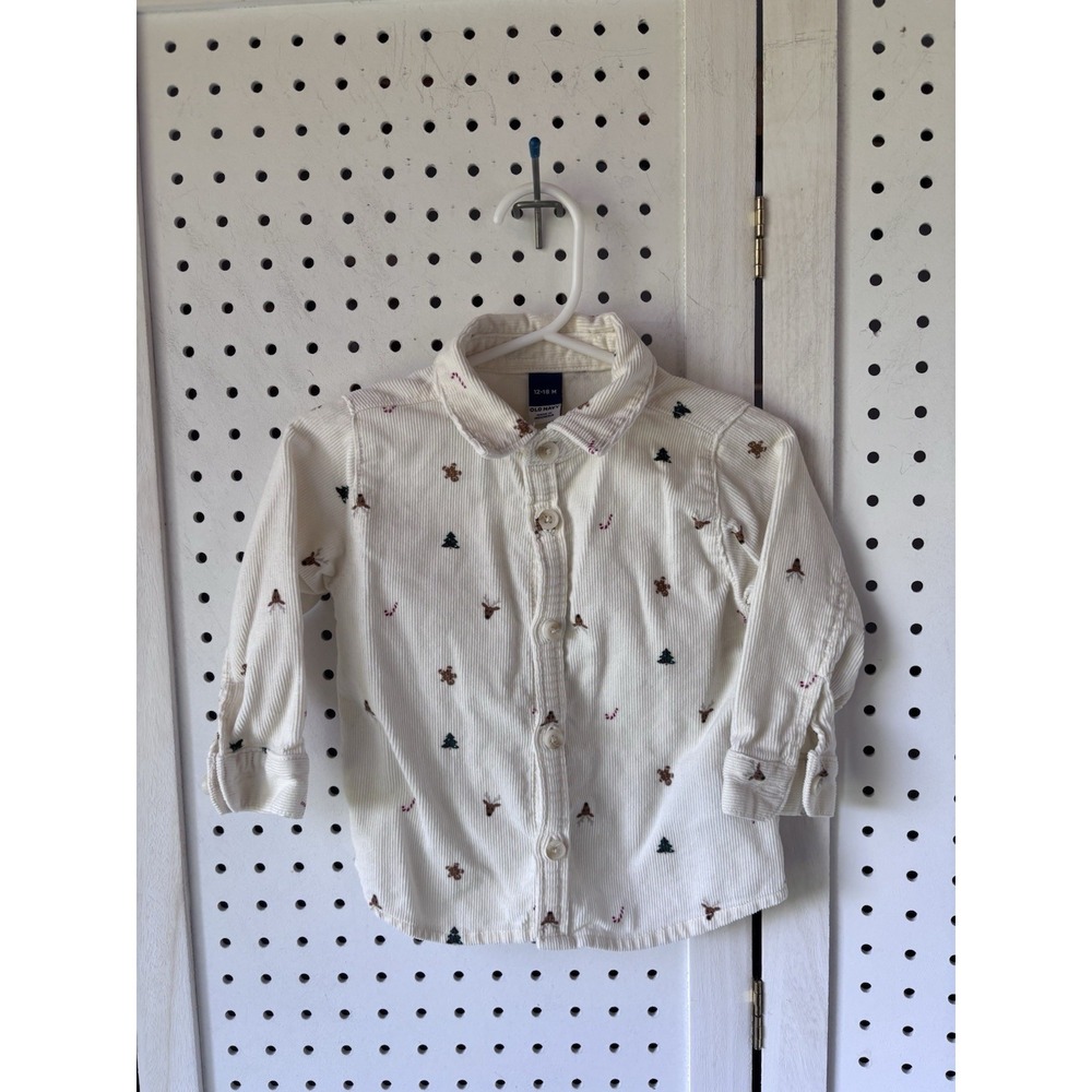 Old Navy Baby Boy 12-18m Corduroy Button Down Shirt Reindeer Christmas Tree